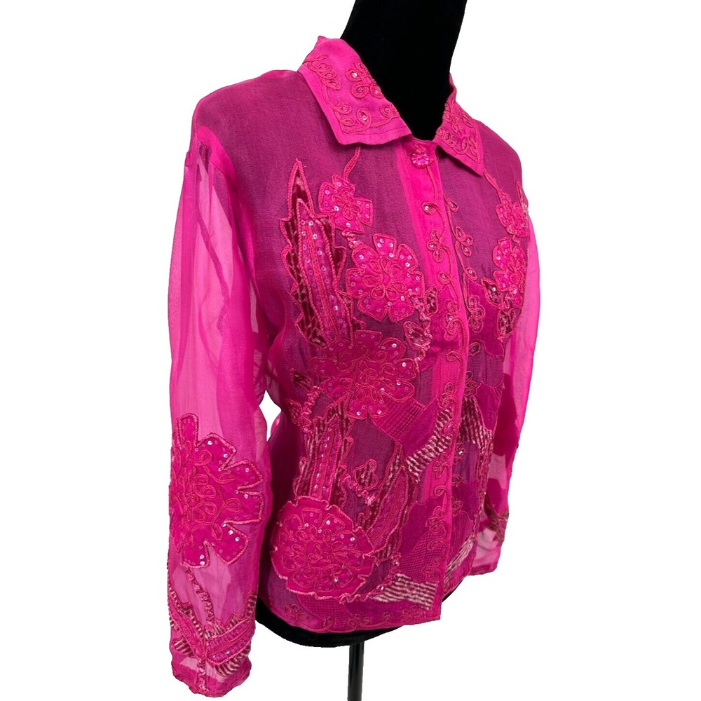 Sandy Starkman Womens Button Up Sheer Blouse Large Pink Embroidered Applique - Picture 10 of 16